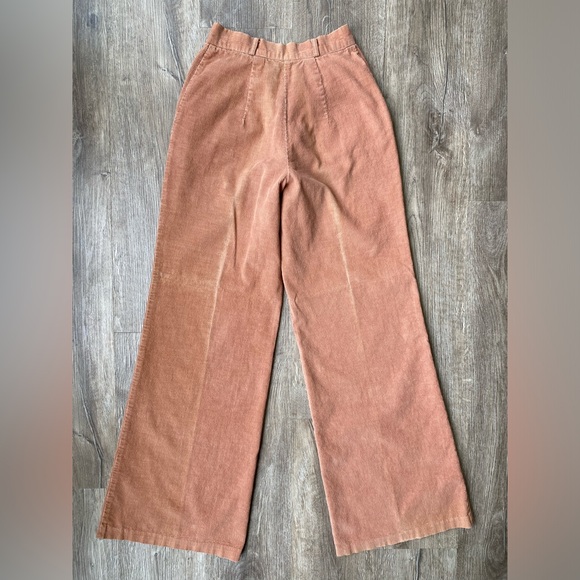 Vintage 70s 80s XS S 24 25 Tan Corduroy Wide Leg Belted Bell Bottoms Pleated - Picture 7 of 16